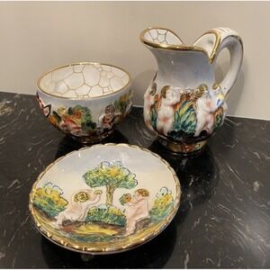 Vintage Capodimonte Creamer And Sugar Bowl With Relief Cherubs Italy-read